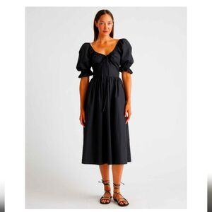 Quince Womens 100% Organic Cotton Puff Sleeve Midi Dress Pockets Black S NWT